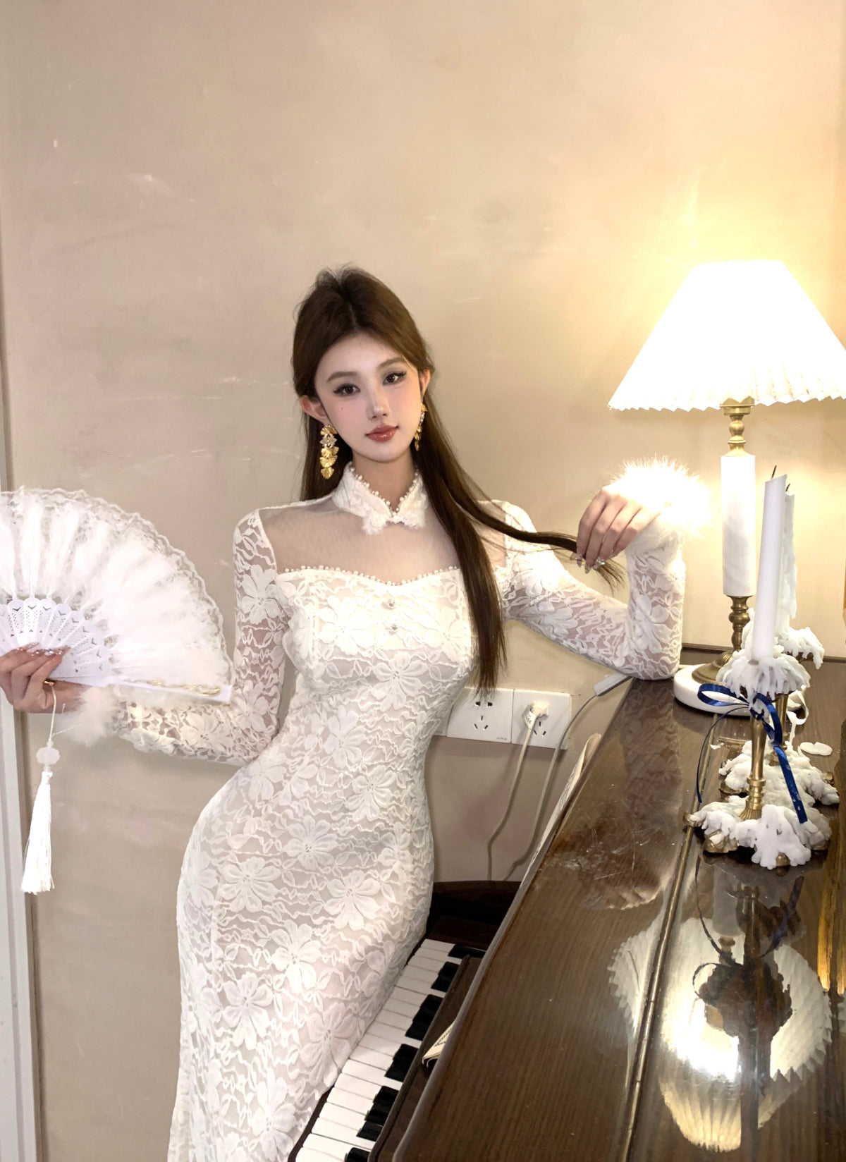 Fairy High Collar Long Sleeve Maxi Dress French Style White Lace Tulle Mermaid Evening Long Dress AP3801