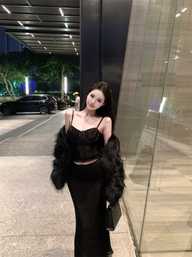 Everyday Wear Sheath 2-Piece Set Maxi Dress Enchanting Spaghetti Strap Lace Bodice Black Long Dress AP3802