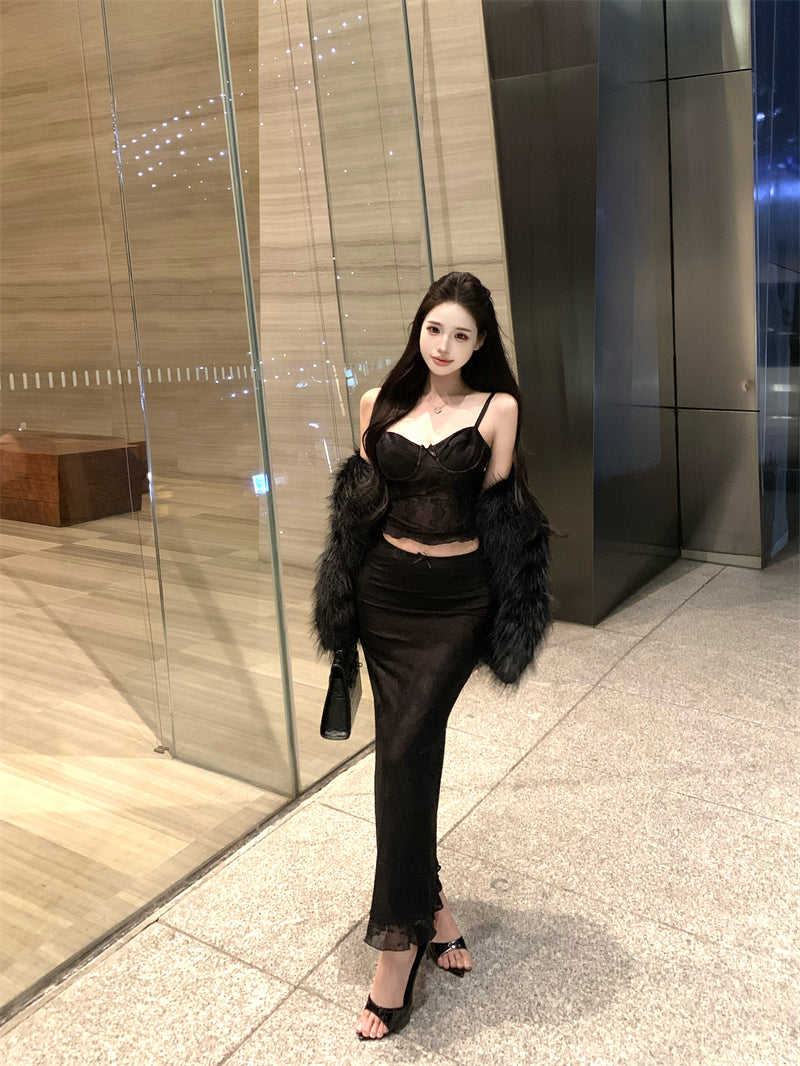 Everyday Wear Sheath 2-Piece Set Maxi Dress Enchanting Spaghetti Strap Lace Bodice Black Long Dress AP3802