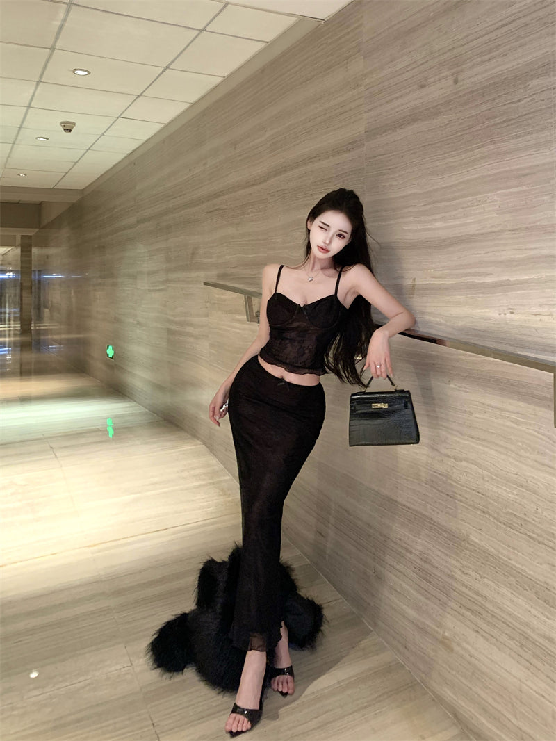 Everyday Wear Sheath 2-Piece Set Maxi Dress Enchanting Spaghetti Strap Lace Bodice Black Long Dress AP3802