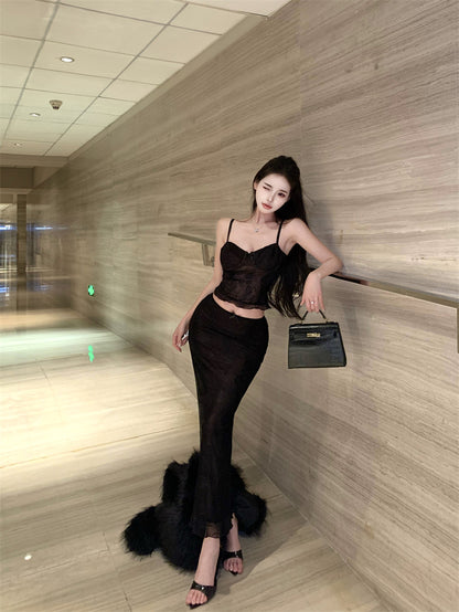 Everyday Wear Sheath 2-Piece Set Maxi Dress Enchanting Spaghetti Strap Lace Bodice Black Long Dress AP3802