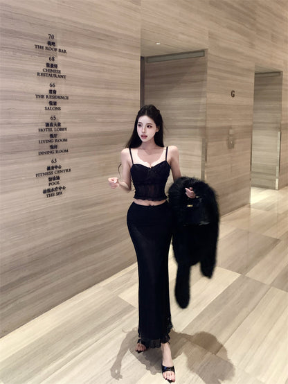 Everyday Wear Sheath 2-Piece Set Maxi Dress Enchanting Spaghetti Strap Lace Bodice Black Long Dress AP3802