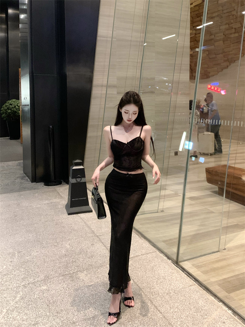 Everyday Wear Sheath 2-Piece Set Maxi Dress Enchanting Spaghetti Strap Lace Bodice Black Long Dress AP3802