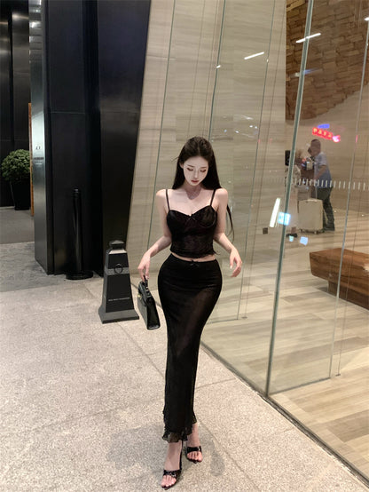 Everyday Wear Sheath 2-Piece Set Maxi Dress Enchanting Spaghetti Strap Lace Bodice Black Long Dress AP3802