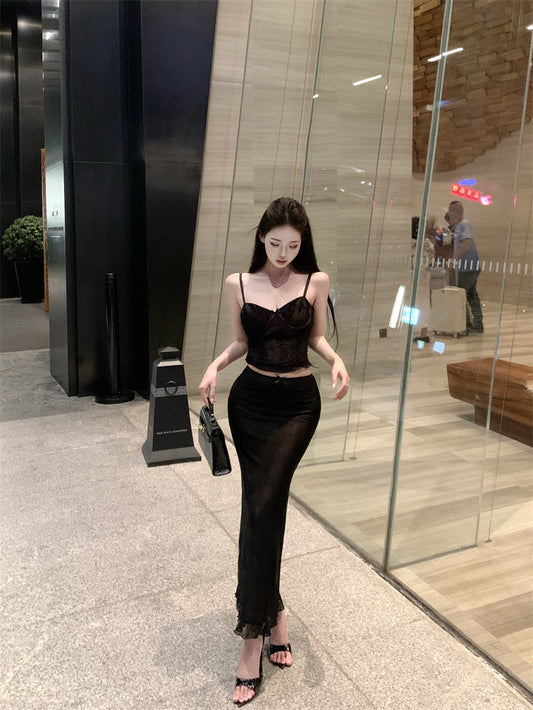 Everyday Wear Sheath 2-Piece Set Maxi Dress Enchanting Spaghetti Strap Lace Bodice Black Long Dress AP3802