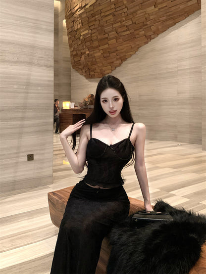 Everyday Wear Sheath 2-Piece Set Maxi Dress Enchanting Spaghetti Strap Lace Bodice Black Long Dress AP3802