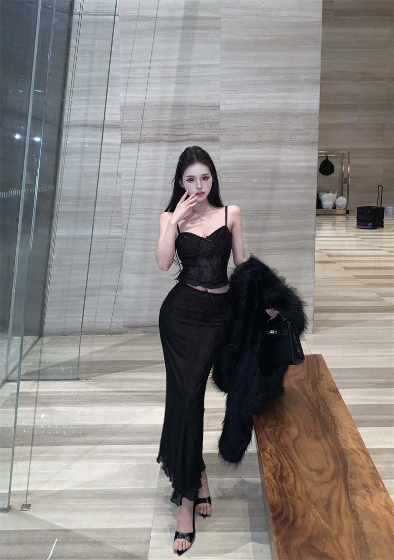 Everyday Wear Sheath 2-Piece Set Maxi Dress Enchanting Spaghetti Strap Lace Bodice Black Long Dress AP3802