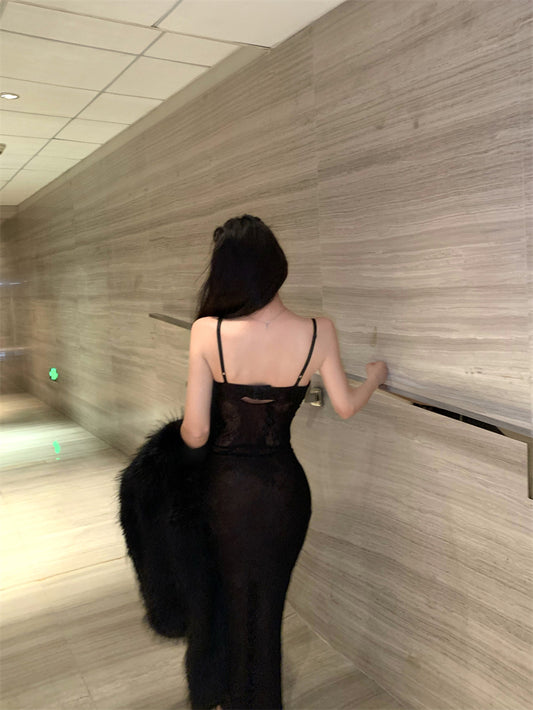 Everyday Wear Sheath 2-Piece Set Maxi Dress Enchanting Spaghetti Strap Lace Bodice Black Long Dress AP3802