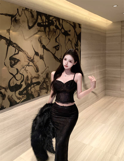 Everyday Wear Sheath 2-Piece Set Maxi Dress Enchanting Spaghetti Strap Lace Bodice Black Long Dress AP3802