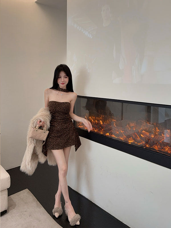 Boho-Inspired A-Line Leopard Mini Skirt Vintage Strapless Asymmetric Hem Ruched Short Dress AP3803