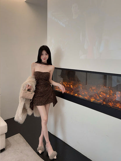 Boho-Inspired A-Line Leopard Mini Skirt Vintage Strapless Asymmetric Hem Ruched Short Dress AP3803