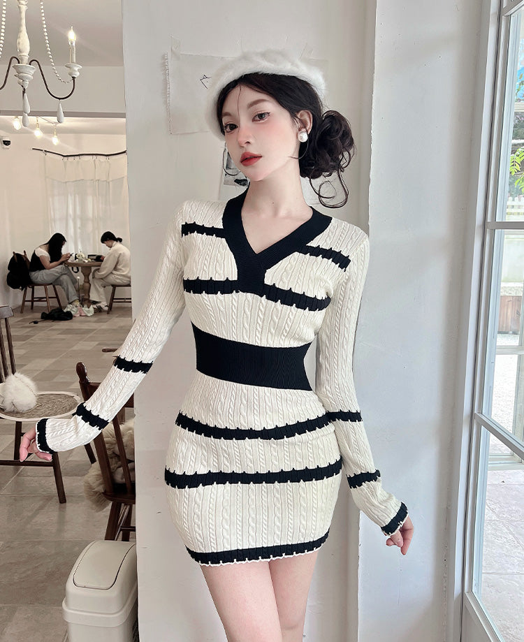 Lovely V-Neck knitted Stripe Mini Skirt Vogue Adorable Cinched-Waist Long Sleeve Bodycon Short Dress AP3804