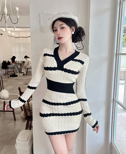 Lovely V-Neck knitted Stripe Mini Skirt Vogue Adorable Cinched-Waist Long Sleeve Bodycon Short Dress AP3804
