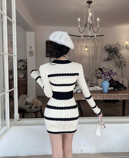 Lovely V-Neck knitted Stripe Mini Skirt Vogue Adorable Cinched-Waist Long Sleeve Bodycon Short Dress AP3804