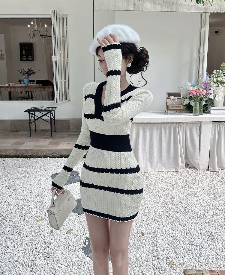 Lovely V-Neck knitted Stripe Mini Skirt Vogue Adorable Cinched-Waist Long Sleeve Bodycon Short Dress AP3804