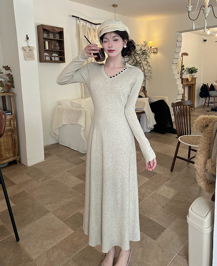 Refined V Neck Knitted Maxi Dresses Lovely A-Line Long Sleeve Threaded Long Dress AP3805