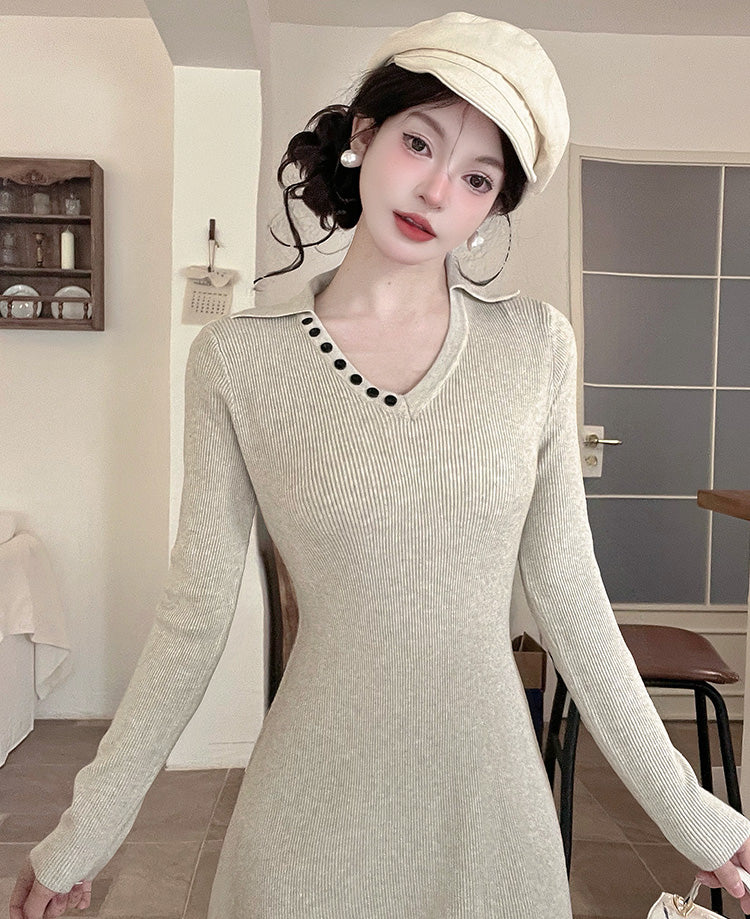 Refined V Neck Knitted Maxi Dresses Lovely A-Line Long Sleeve Threaded Long Dress AP3805