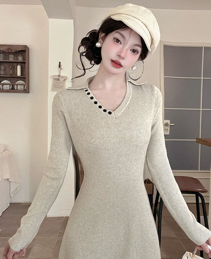 Refined V Neck Knitted Maxi Dresses Lovely A-Line Long Sleeve Threaded Long Dress AP3805