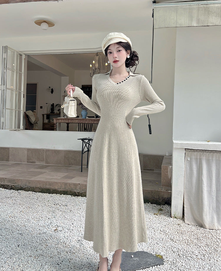 Refined V Neck Knitted Maxi Dresses Lovely A-Line Long Sleeve Threaded Long Dress AP3805