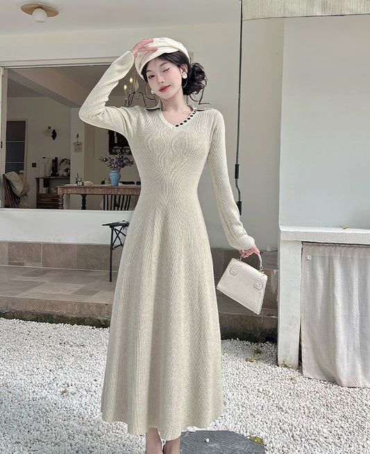 Refined V Neck Knitted Maxi Dresses Lovely A-Line Long Sleeve Threaded Long Dress AP3805