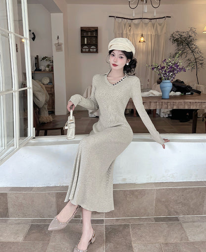Refined V Neck Knitted Maxi Dresses Lovely A-Line Long Sleeve Threaded Long Dress AP3805