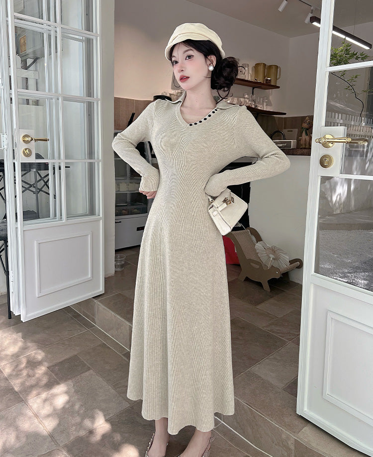Refined V Neck Knitted Maxi Dresses Lovely A-Line Long Sleeve Threaded Long Dress AP3805