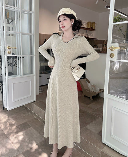 Refined V Neck Knitted Maxi Dresses Lovely A-Line Long Sleeve Threaded Long Dress AP3805