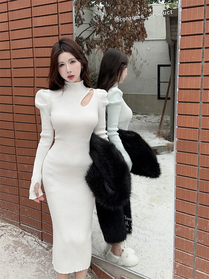 Beautiful High Collar Puffy Long Sleeve Midi Dress Chic Sheath Cutout White Ribbed Evening Long Dress AP3806