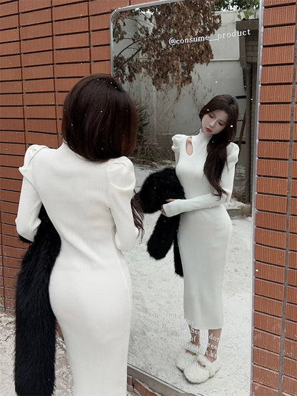 Beautiful High Collar Puffy Long Sleeve Midi Dress Chic Sheath Cutout White Ribbed Evening Long Dress AP3806