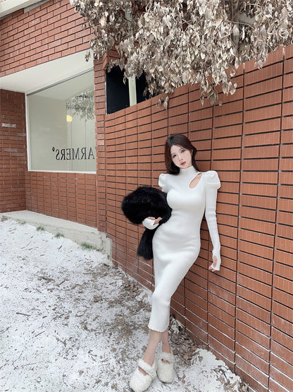 Beautiful High Collar Puffy Long Sleeve Midi Dress Chic Sheath Cutout White Ribbed Evening Long Dress AP3806