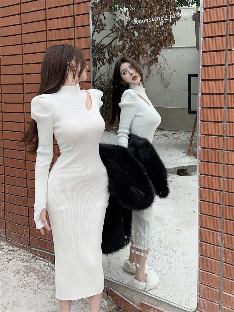 Beautiful High Collar Puffy Long Sleeve Midi Dress Chic Sheath Cutout White Ribbed Evening Long Dress AP3806