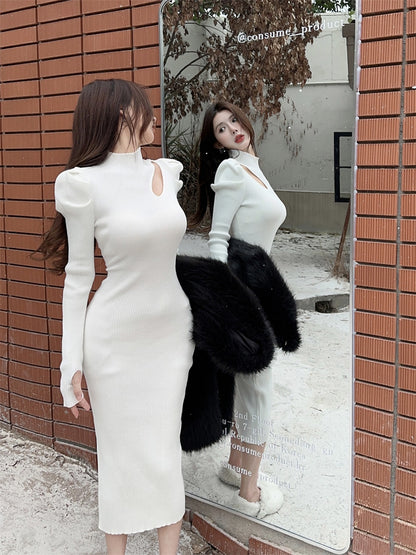Beautiful High Collar Puffy Long Sleeve Midi Dress Chic Sheath Cutout White Ribbed Evening Long Dress AP3806