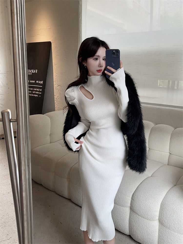 Beautiful High Collar Puffy Long Sleeve Midi Dress Chic Sheath Cutout White Ribbed Evening Long Dress AP3806