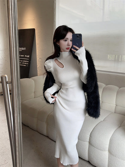 Beautiful High Collar Puffy Long Sleeve Midi Dress Chic Sheath Cutout White Ribbed Evening Long Dress AP3806