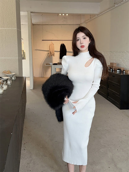Beautiful High Collar Puffy Long Sleeve Midi Dress Chic Sheath Cutout White Ribbed Evening Long Dress AP3806