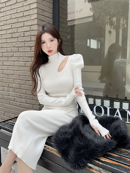 Beautiful High Collar Puffy Long Sleeve Midi Dress Chic Sheath Cutout White Ribbed Evening Long Dress AP3806