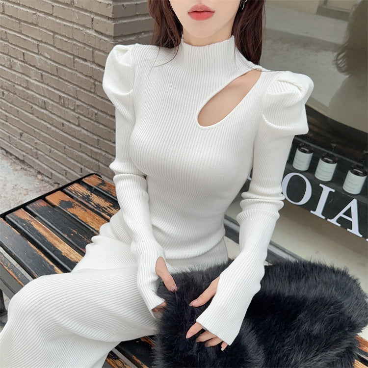 Beautiful High Collar Puffy Long Sleeve Midi Dress Chic Sheath Cutout White Ribbed Evening Long Dress AP3806