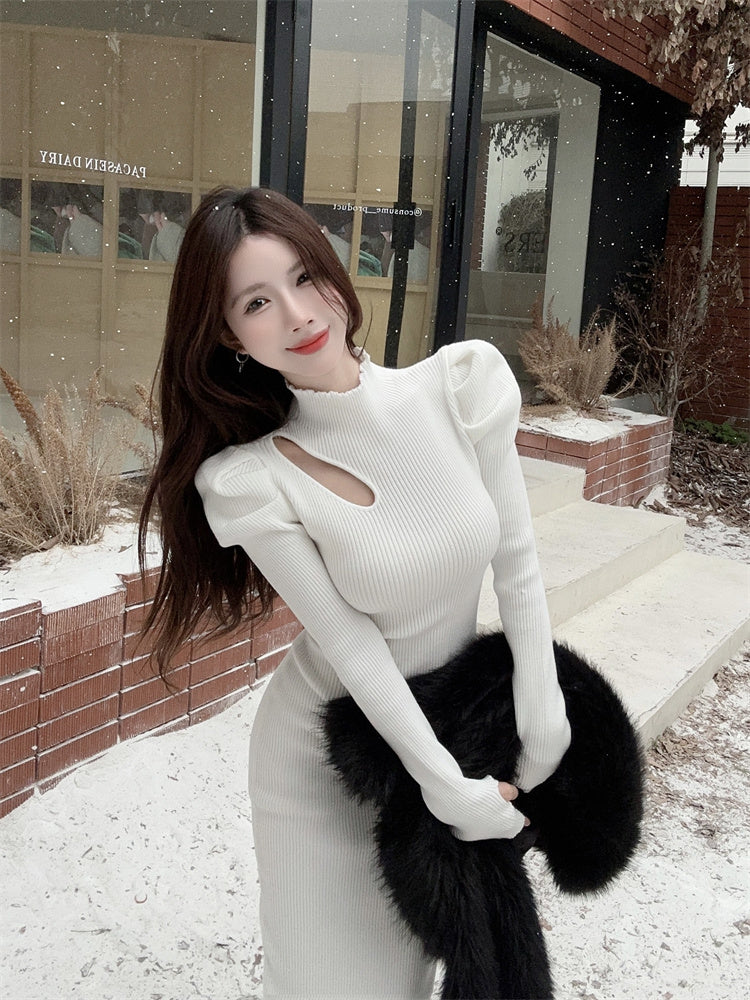 Beautiful High Collar Puffy Long Sleeve Midi Dress Chic Sheath Cutout White Ribbed Evening Long Dress AP3806