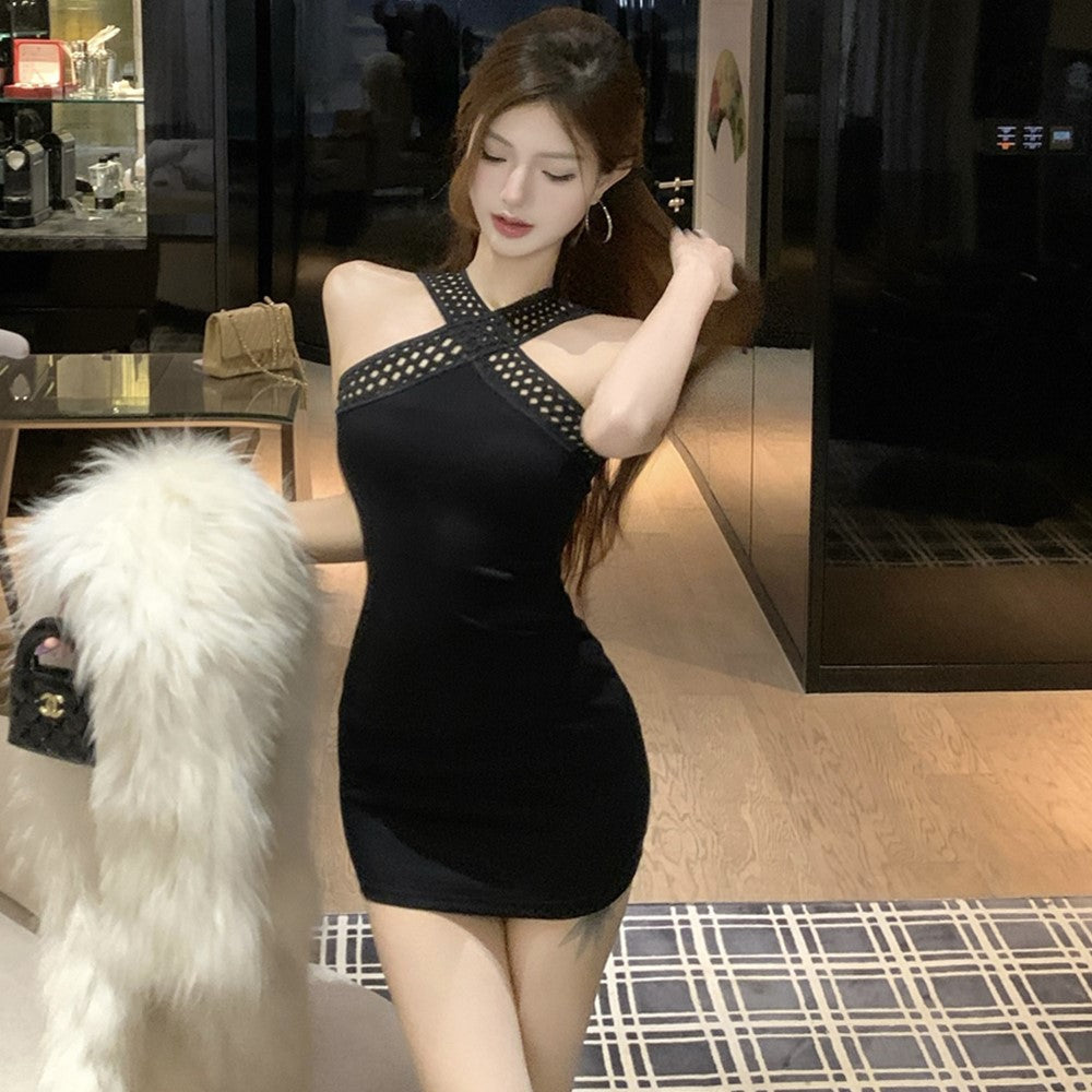 Enchanting Cutout Bodycon Black Mini Skirt Casual Sleeveless Cinched-Waist Halter Short Dress AP3807