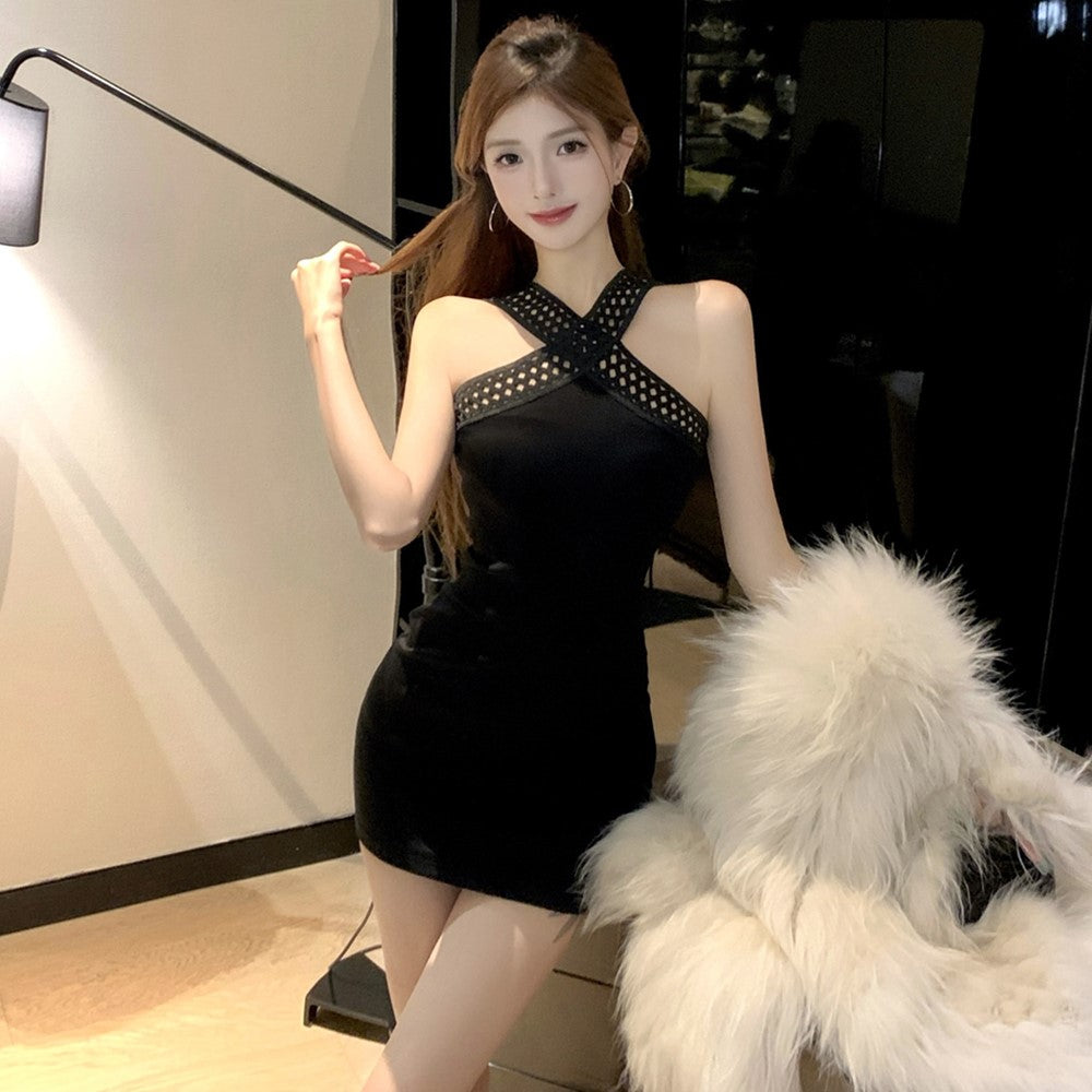 Enchanting Cutout Bodycon Black Mini Skirt Casual Sleeveless Cinched-Waist Halter Short Dress AP3807