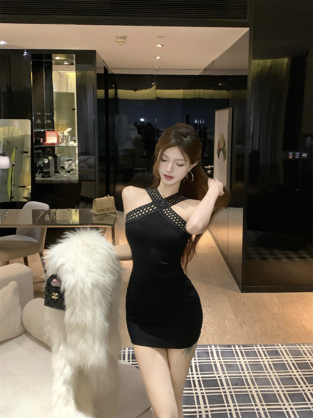 Enchanting Cutout Bodycon Black Mini Skirt Casual Sleeveless Cinched-Waist Halter Short Dress AP3807