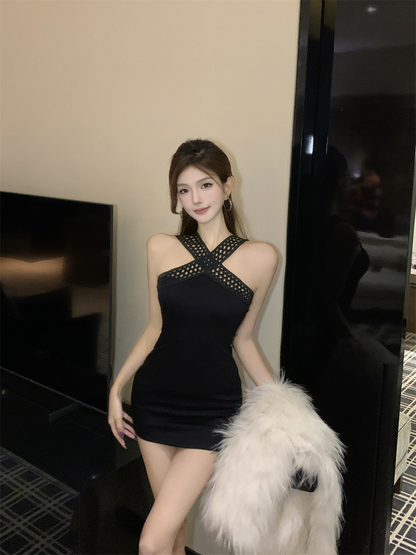 Enchanting Cutout Bodycon Black Mini Skirt Casual Sleeveless Cinched-Waist Halter Short Dress AP3807