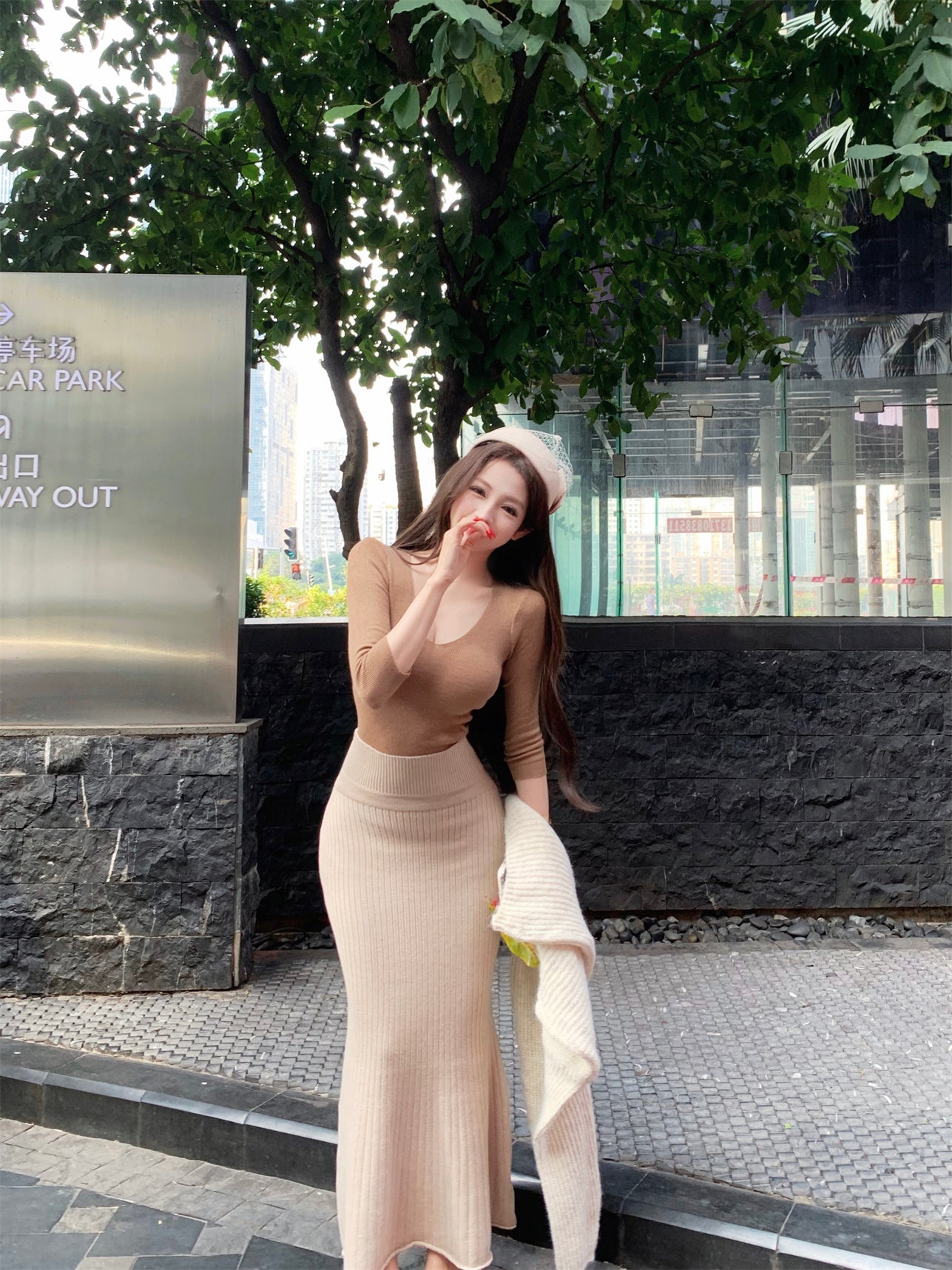 Superb Jewel Neck Long Sleeve 2-Piece Set Maxi Dress Elegant Mermaid Evening Long Dress AP3808