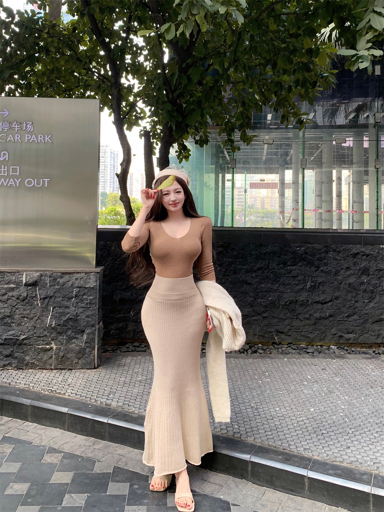 Superb Jewel Neck Long Sleeve 2-Piece Set Maxi Dress Elegant Mermaid Evening Long Dress AP3808