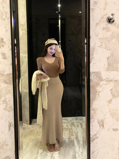 Superb Jewel Neck Long Sleeve 2-Piece Set Maxi Dress Elegant Mermaid Evening Long Dress AP3808