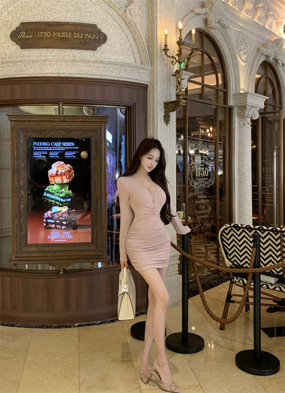 Wonderful Lace Trim V-Neck Mini Skirt Sweet Long Sleeve Bodycon Ruched Short Dress AP3809