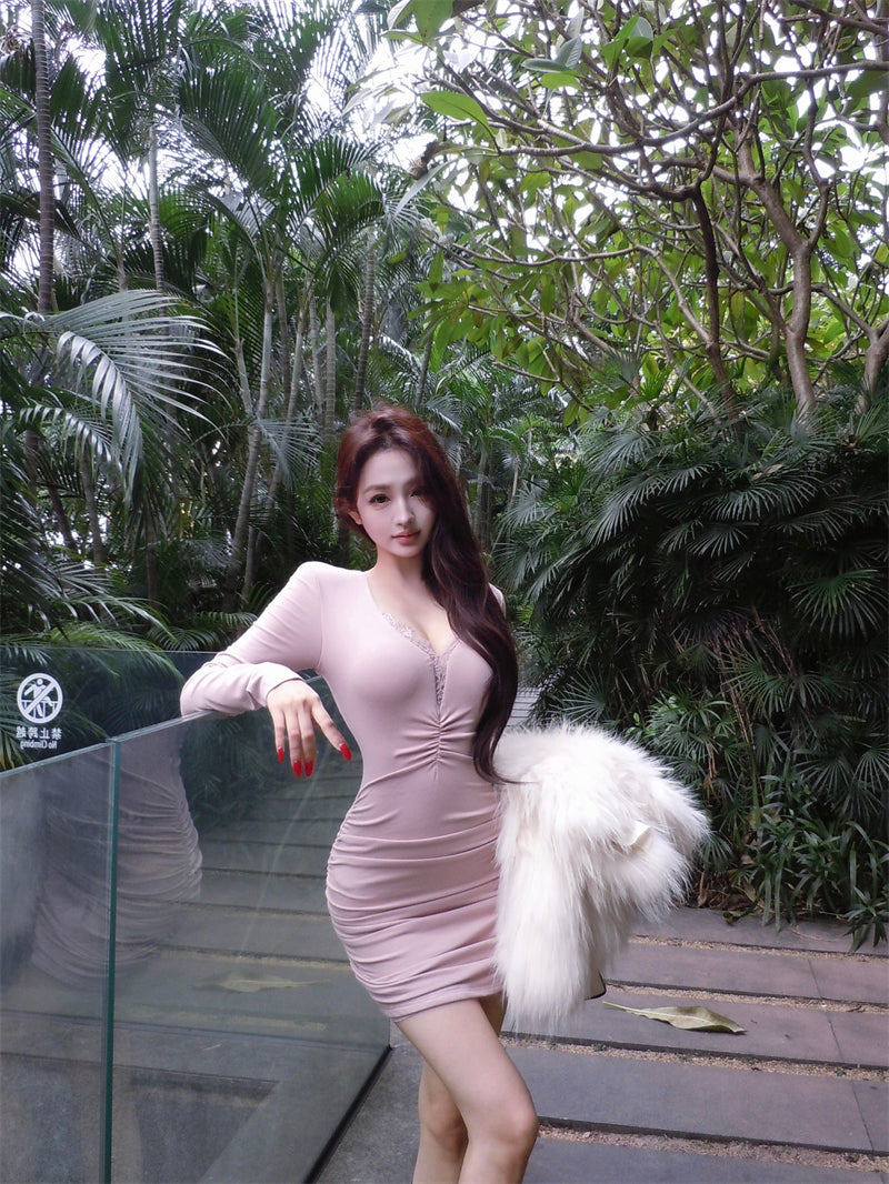 Wonderful Lace Trim V-Neck Mini Skirt Sweet Long Sleeve Bodycon Ruched Short Dress AP3809