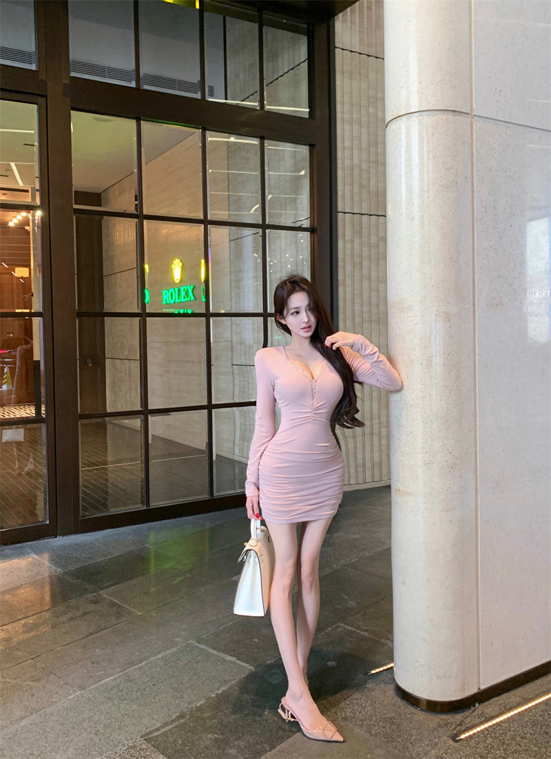 Wonderful Lace Trim V-Neck Mini Skirt Sweet Long Sleeve Bodycon Ruched Short Dress AP3809