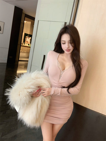Wonderful Lace Trim V-Neck Mini Skirt Sweet Long Sleeve Bodycon Ruched Short Dress AP3809