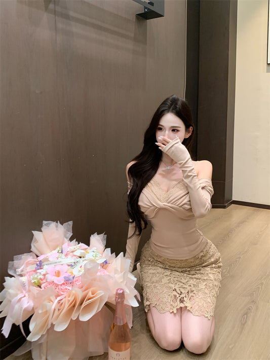 Amazing Long Sleeve Lace Splicing Mini Dress Refined Off Shoulder 2-Piece Set Sheath Short Dress AP3810